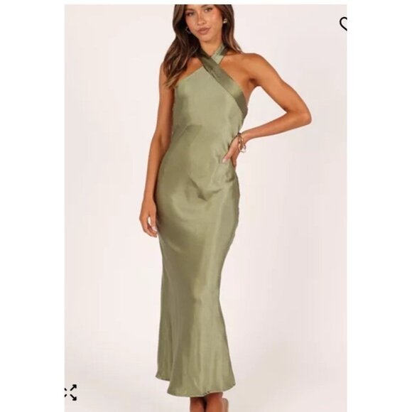 Petal & Pup Grasie Olive Green Satin Halter Midi Dress Size 6 NWT Wedding Guest - Picture 1 of 11